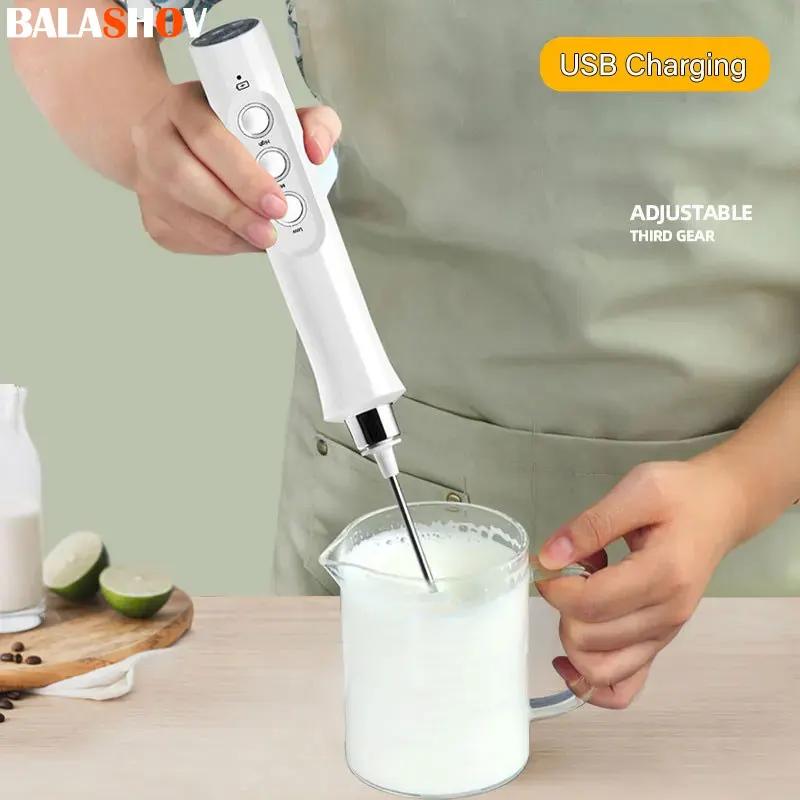 Electric Milk Frother Foam Maker Handheld Foamer High Speeds Drink Mixer Coffee Frothing Wand 3 In 1 Portable Rechargeable