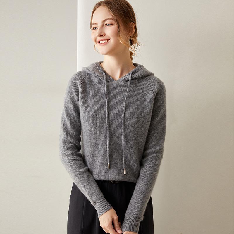 Women's Hooded Cashmere Sweater: Long Sleeve, Thick, Warm, Autumn/Winter Knit, Loose Fit Pullover.