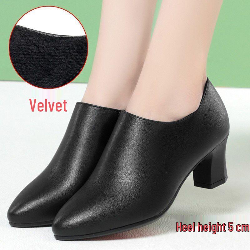 Women's Black Genuine Leather Fleece-Lined Work Shoes - Soft Sole, Wear-Resistant, Low Heel for Autumn/Winter