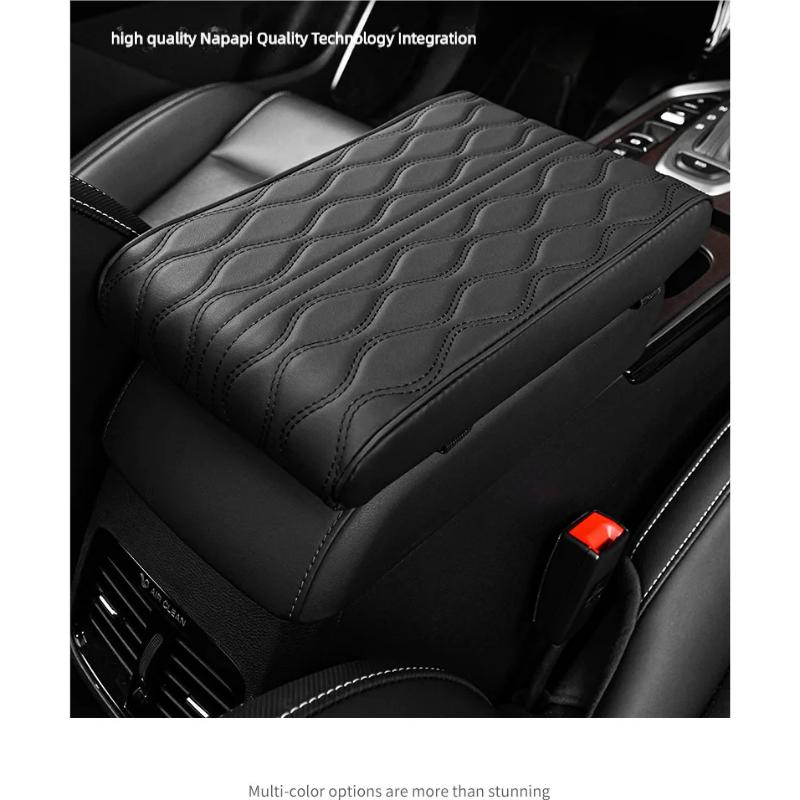 PU Leather Wave Embroider Car Armrest Mat Center Console Protection Cushion Auto Storage Box Cover Pad - Black