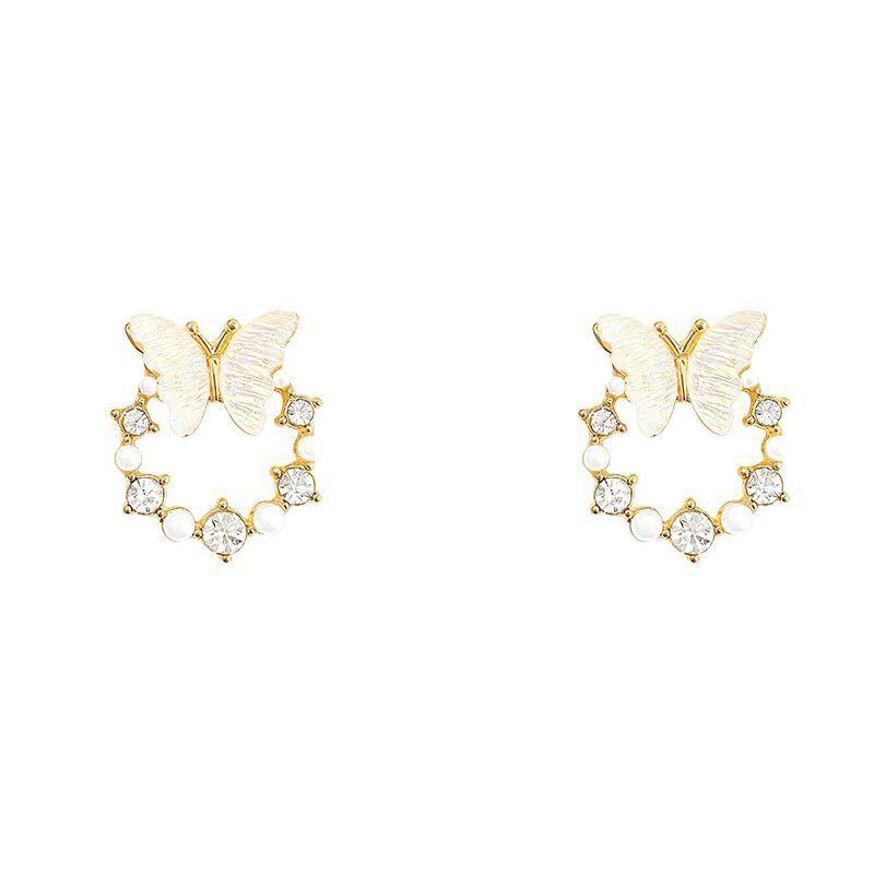 White Acrylic Butterfly Charms Stud Earrings for Women Imitation Pearl Crystal Round Circle Earrings Geometry Jewelry