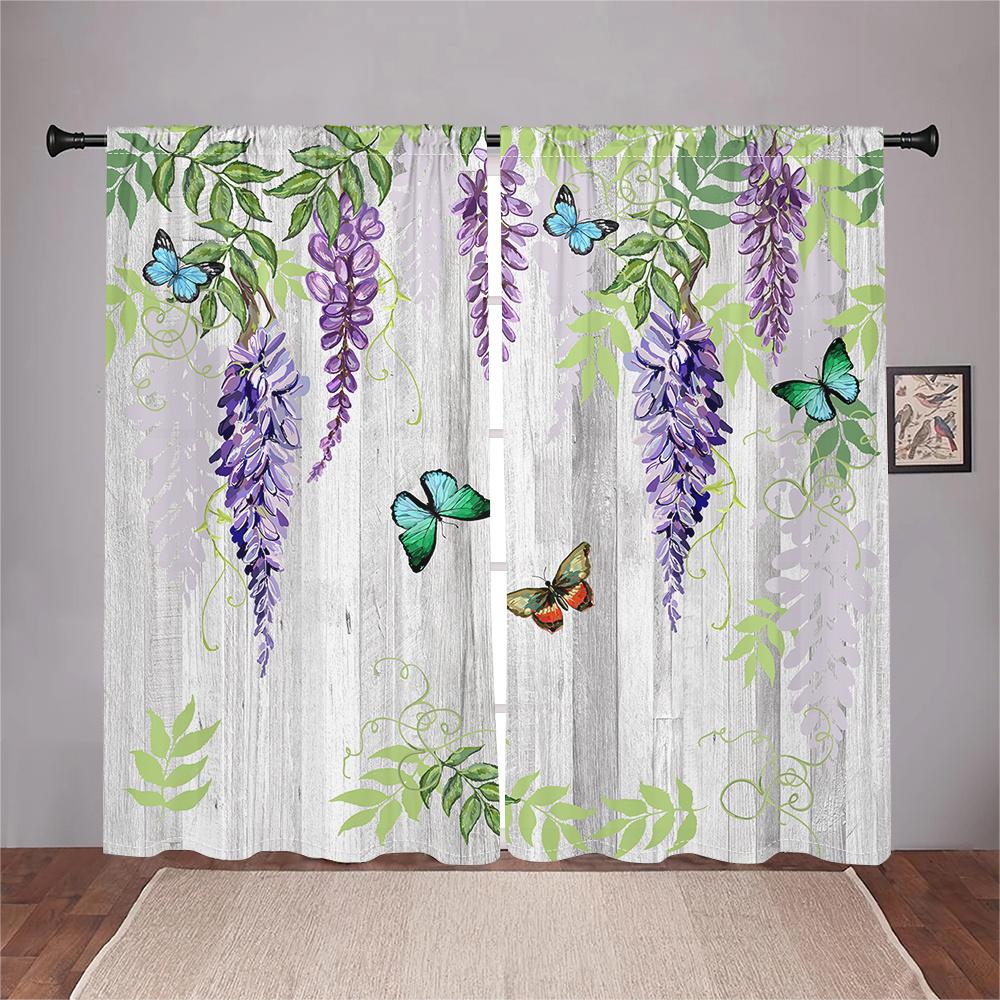 2Pcs Spring Garden Curtains Wisteria Butterfly Pattern Living Room Bedroom Balcony Sunshade Country Style Decor Curtains