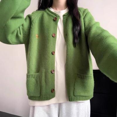 Vintage grüner Strickcardigan Pullover Jacke Damen Herbst Neu Faul Lockerer Stil Weich Wachsig Mode Top