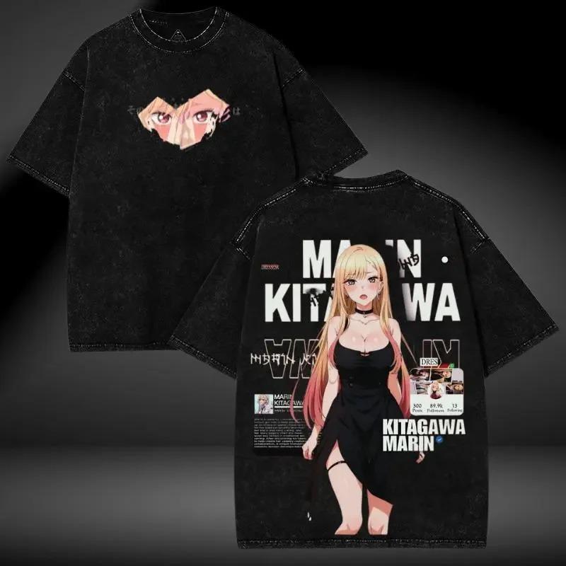 Můj šatní miláček Marin Kitagawa Čertovské Cosplay Vintage Kyselý Wash Oboustranné Grafické Oversized Černé Tričko | Anime Fan Streetwear Merch Tričko