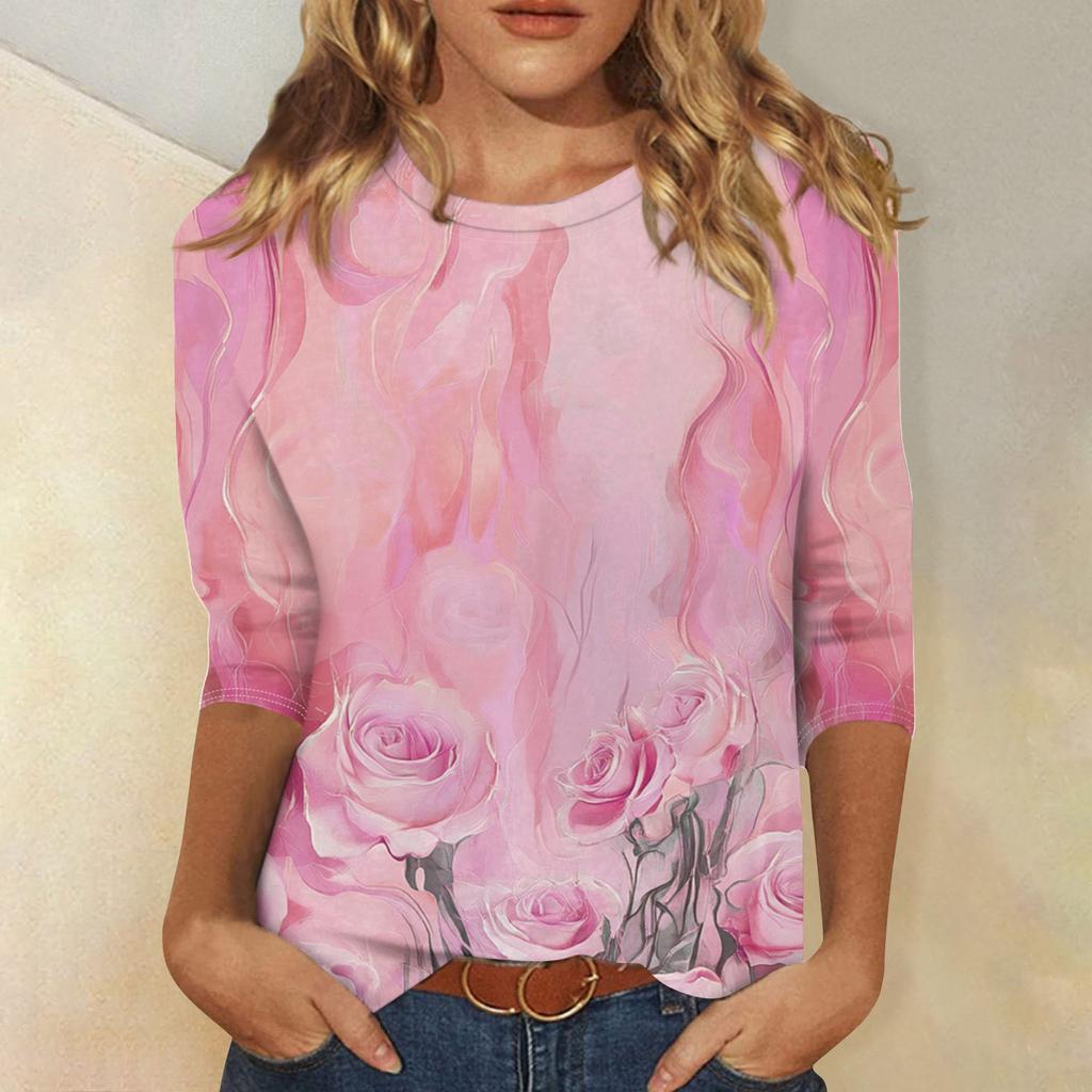 Damenmode, lässig, Rundhalsausschnitt, 3/4-Ärmel, lockeres bedrucktes T-Shirt, Damen-Top