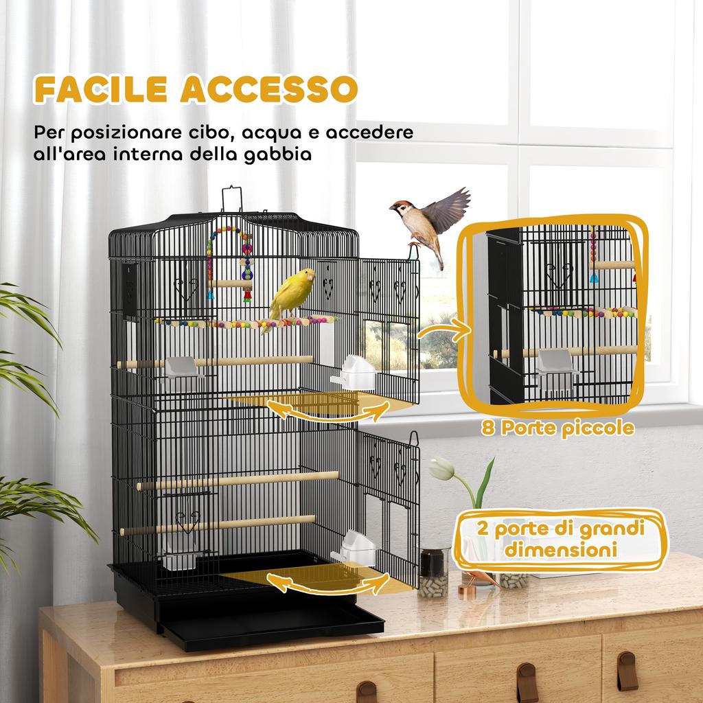 Bird Cage with Handle, Removable Tray, Wooden Perches, Swing and Bowls, 46.5x35.5x92cm, Black