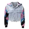 Women's Color Blocking Tie Dyed Denim Hole Tassel Long Sleeved Denim Jacket