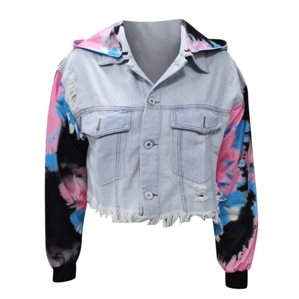 Women's Color Blocking Tie Dyed Denim Hole Tassel Long Sleeved Denim Jacket