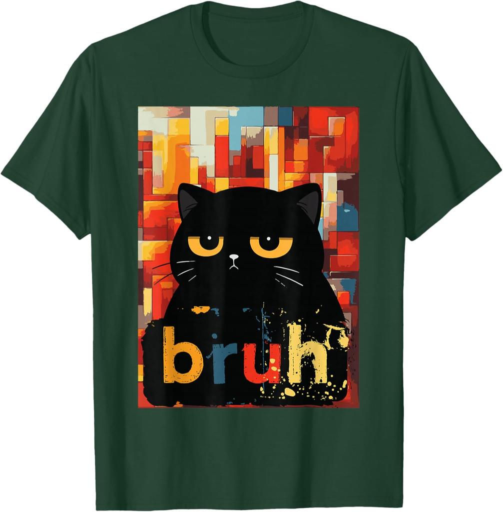 Bruh Black Cat Funny Meme Graphic TShirt Casual Short Sleeve Cotton Crew Neck Tee