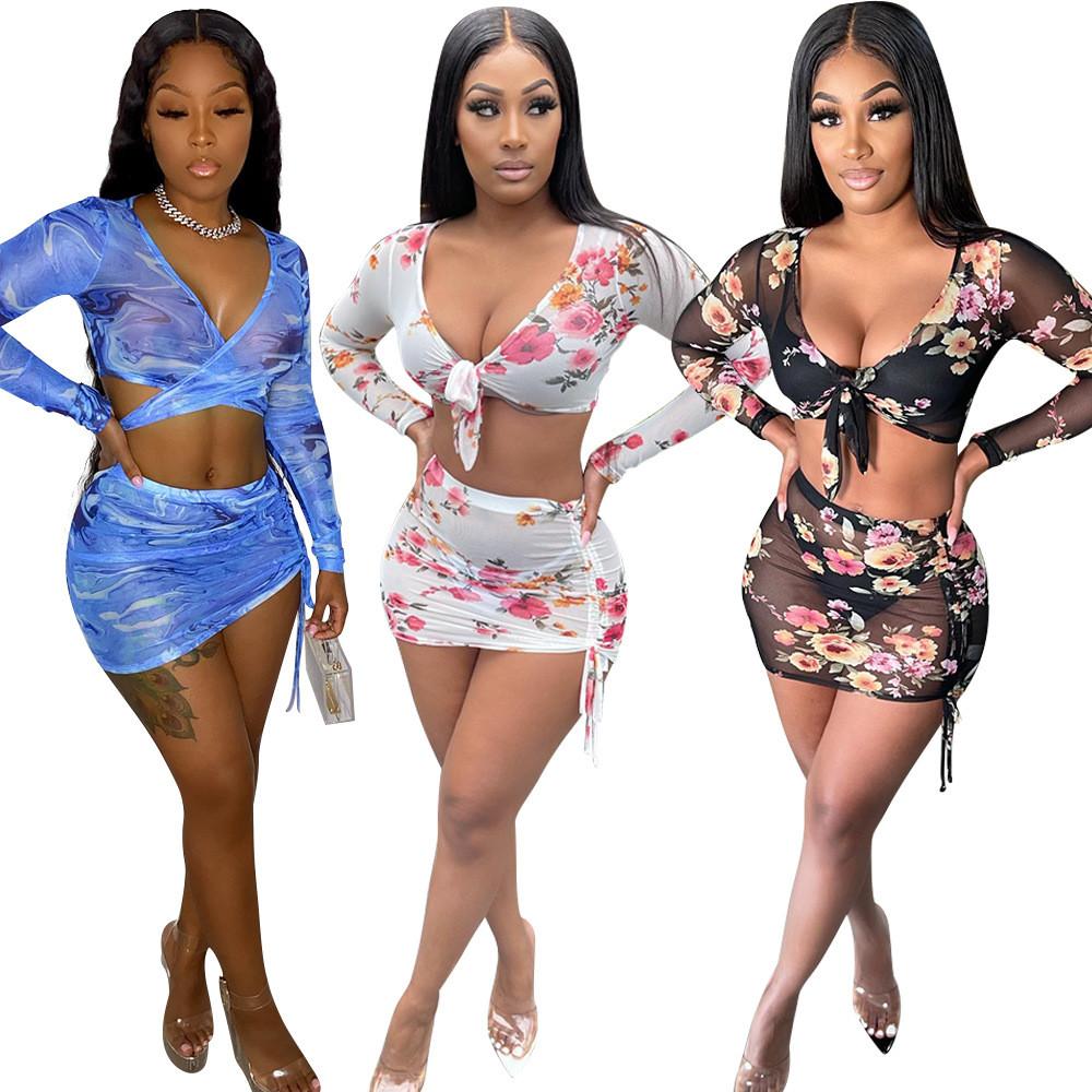 

Женщины невесты подружки невесты свадебные длинные рукава принт сетчатая блузка топ мини короткая юбка праздничная одежда комплекты S чёрный