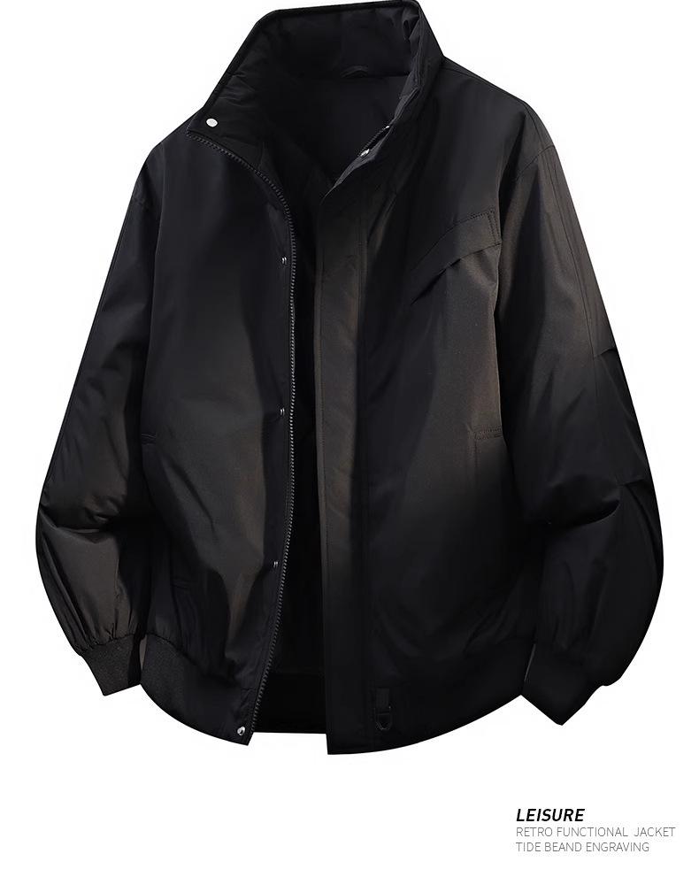 Męska pikowana kurtka robocza w stylu amerykańskim, bawełniana - kołnierz stojący, ciepła, pogrubiona, luźny krój, jednolity kolor, odzież wierzchnia jesień/zima.