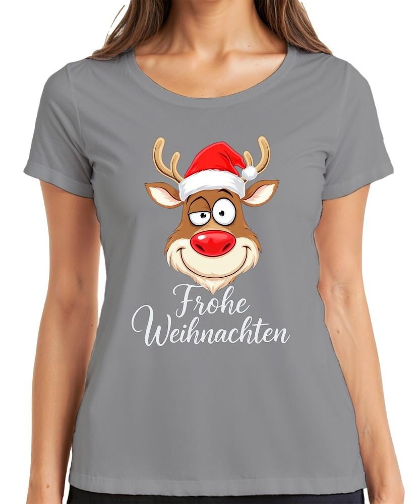 Merry Christmas Reindeer Rudolph Santa Hat Funny Cartoon Ladies TShirt