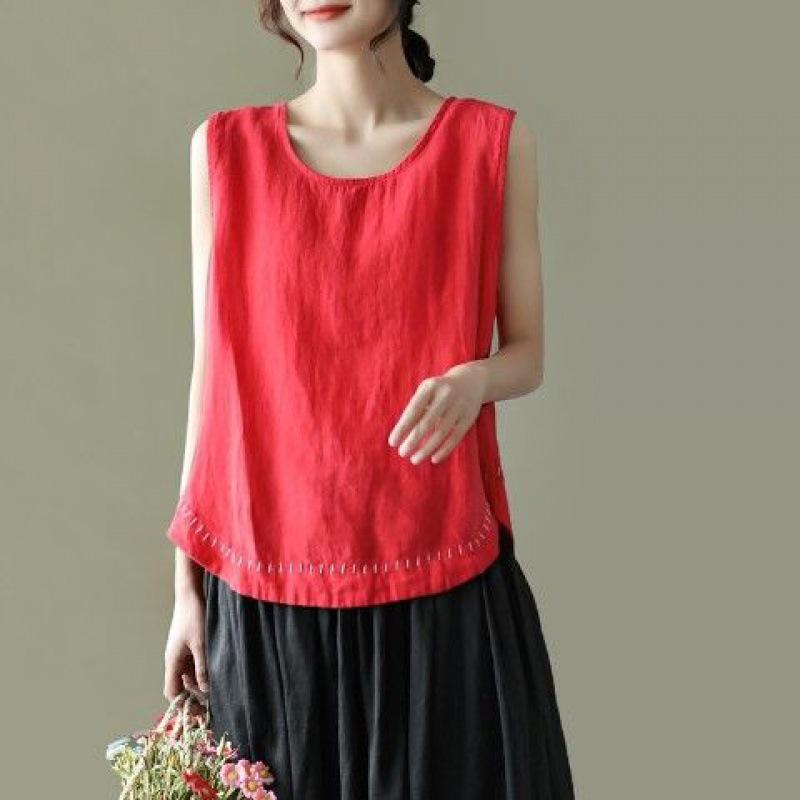 Top da Donna in Cotone e Lino a Colore Unito Stile Letterario con Bordi Ricamati Canotta Estiva Casual Harajuku Senza Maniche