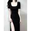 French Casual Black Dress Women's New Summer Elegant Women's Design Sense Split Fork Slim Fit Long Dress Hip Wrap