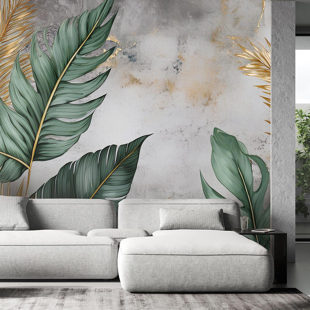 Wallpaper Gold and Green Leaves On a Gray Background