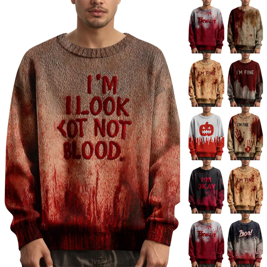 Pánský svetr pulovr s dlouhým rukávem ležérní pletený svetr nadměrné velikosti s halloweenským potiskem