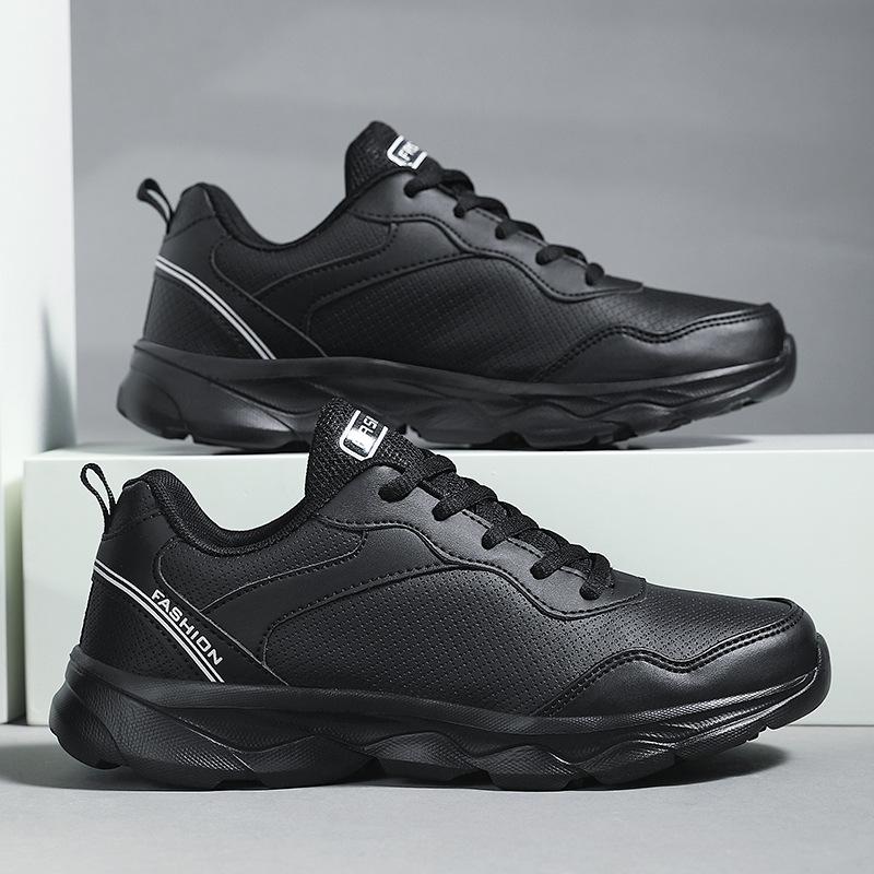 Black soft-soled sneakers spring and autumn leather waterproof, lightweight and non-slip shoes casual running travel shoes