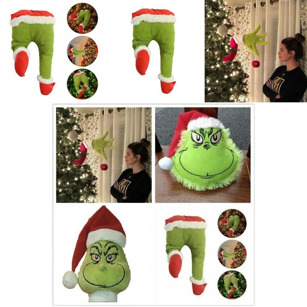 Charming Grinch Christmas Decorations Furry Green Leg And Head Tree Ornament Set