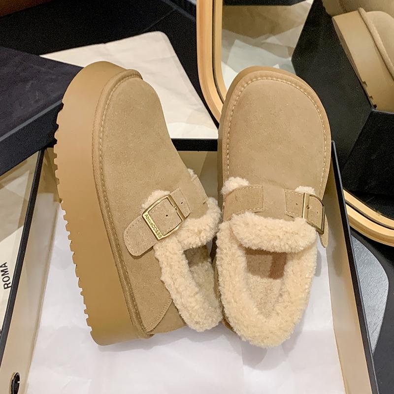 Fashion 2024 Winter New Women's Hairy Cotton Shoes with Matte Leather Surface for Warm and Comfortable Thick Soled Shoes for Women