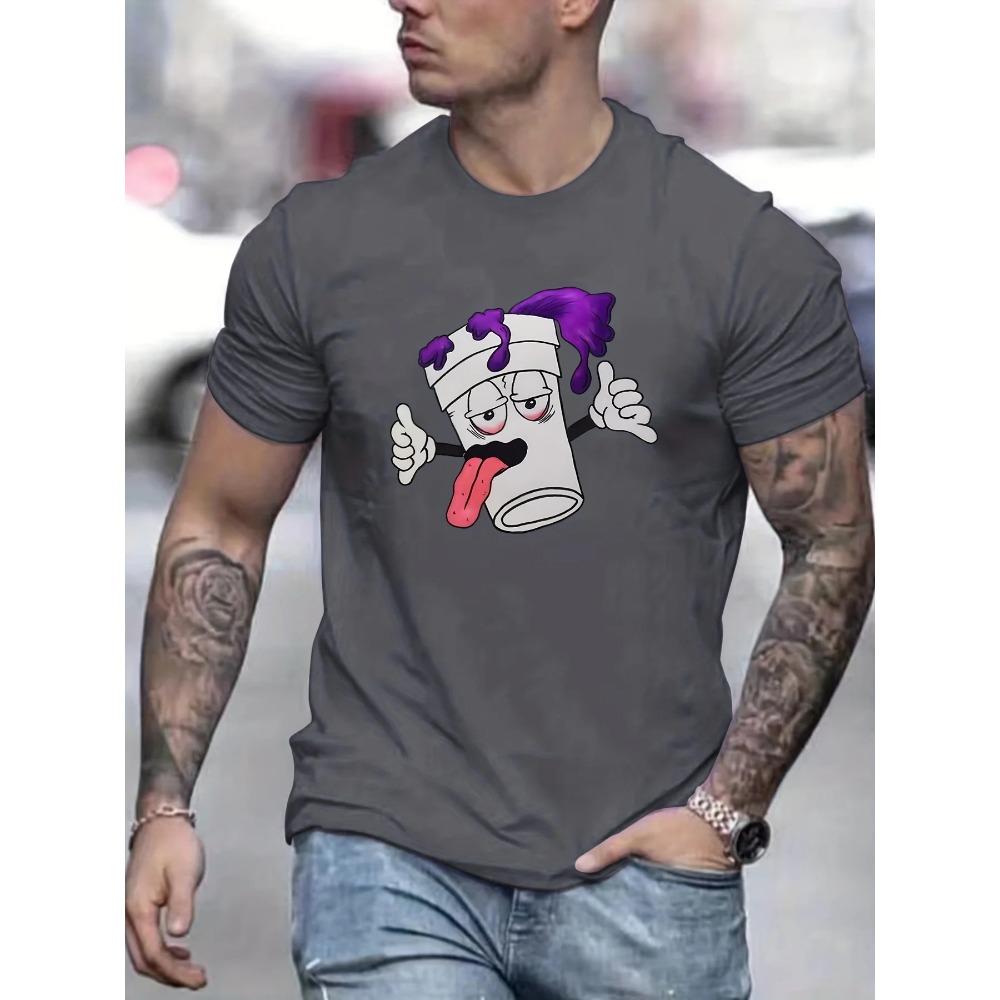 [Funny Cartoon Graphic Tee] Trendy Cartoon Graphic Print T-shirt - Men's Casual Funny Round Neck Tee For Summer