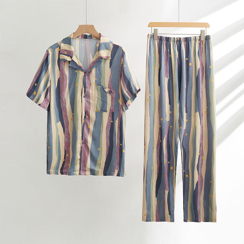 Spring and summer new retro oil painting striped pajamas couple casual loose short-sleeved trousers set loungewear
