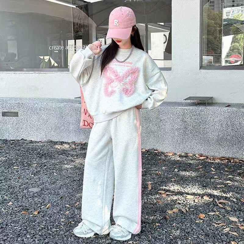 

Осенний Комплект Одежды для Девочек Подростков Свитшот с Бантом Милые Однотонные Топы и Штаны Низ 2 шт. Детские Толстовки Модные Спортивные Костюмы 120 розовый