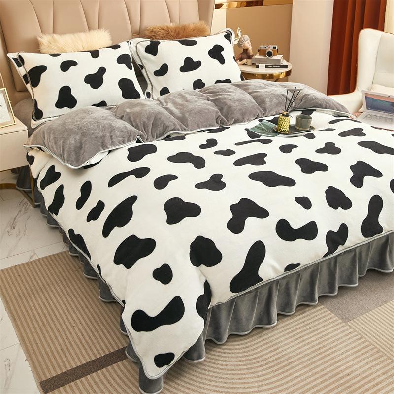 Thickened Milk Fleece Four-Piece Coral Fleece Quilt Cover, Bed Sheet Fleece Double-Sided Fleece Flannel Bedding, Bed Skirt