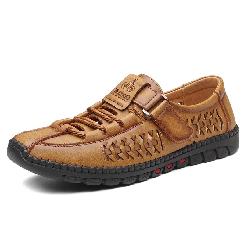 Summer Men Sandals Leisure Breathable Comfort Mens Beach Shoes Fashion Solid Hand Sewn Male Flat Casual NEW Leather Sandals