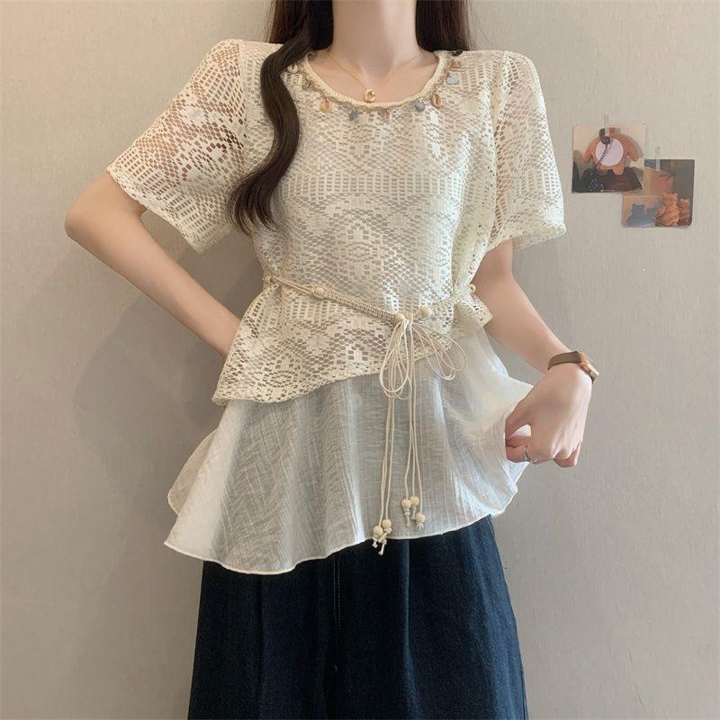 Plus Size Hollow-Out Layered Short-Sleeve Women s Top 2026 M