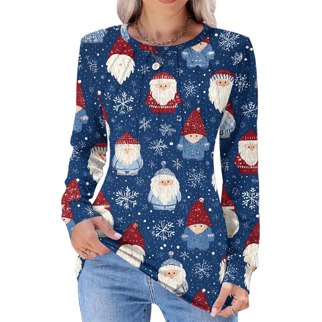Women's Fashionable Casual Christmas Printed Pleated Comfortable Round Neck Loose Long Sleeve T-Shirt Top