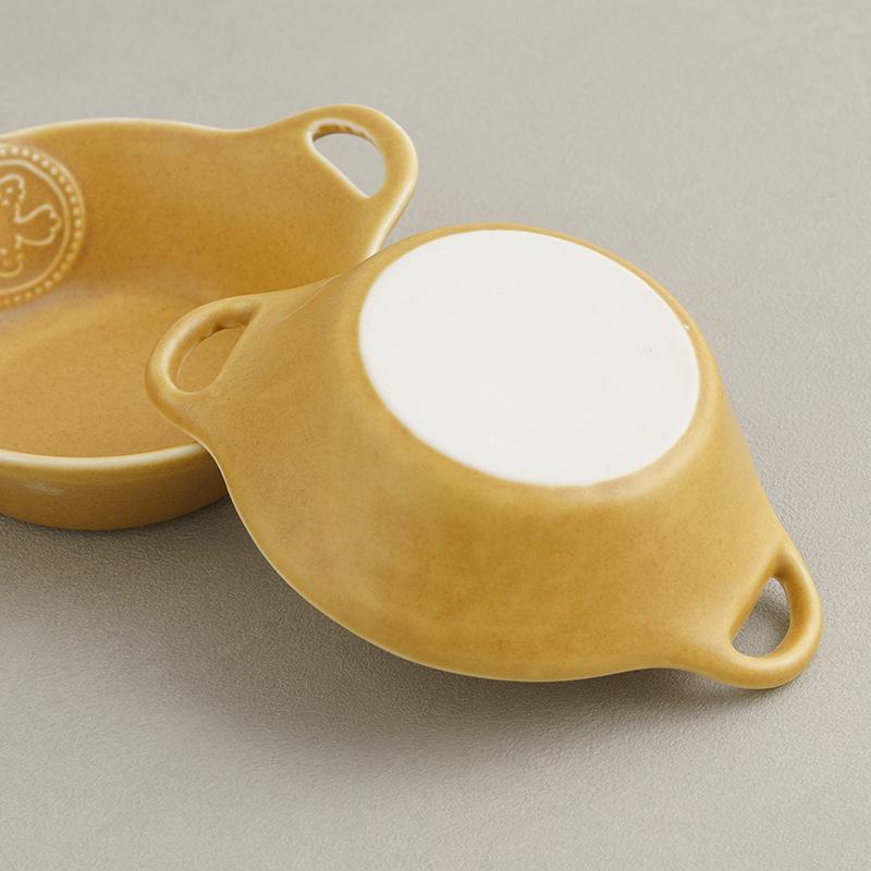 Flying Bird Yellow Double-handled Ceramic Dessert Dish for Salad, Yogurt, or Steamed Eggs
