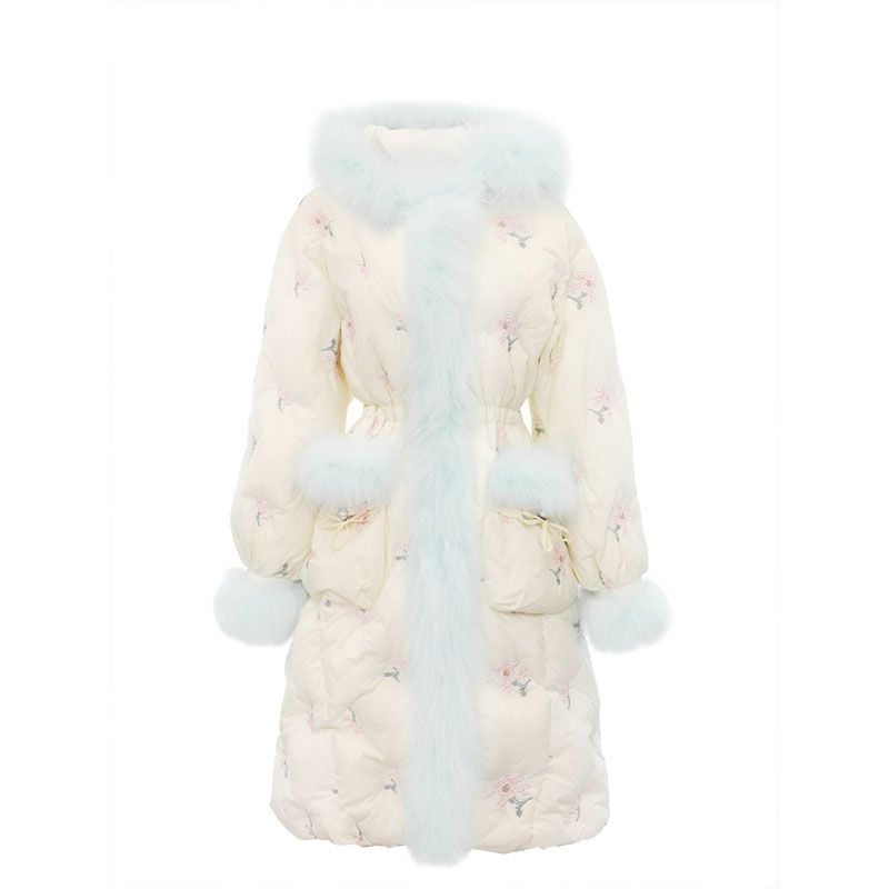 Sweet Girly Big Fur Collar Long Down Jacket Embroidered Waist Jacket Fashionable Winter Women's Down Jacket