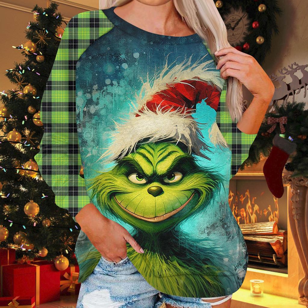 Damenmode, lässig, Rundhalsausschnitt, Langarm, Weihnachtsdruck, Raglanärmel, Sweatshirt-Oberteil