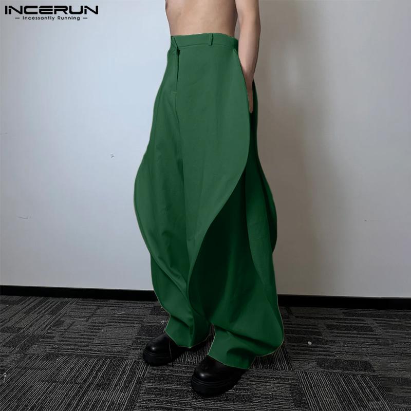 INCERUN Men Zip-up Waist Solid Color Irregular Ruffled Casual Long Harem Pants Trousers