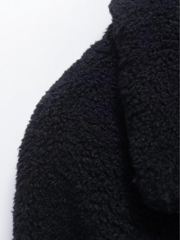 2024 Autumn/Winter Black Casual Fleece Long Sleeve Stand Collar Overcoat Jacket