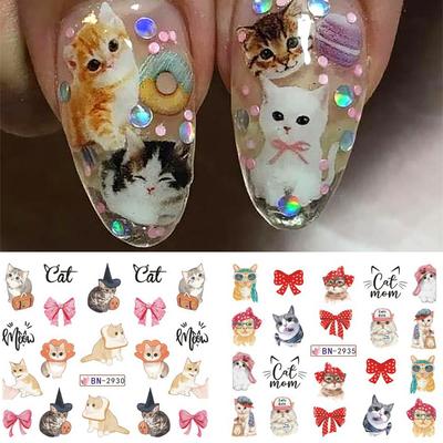 12pcs Cute Cat Nail Water Sticker Kawaii Anime Watercolor Design Foil for Nail Decals Cartoon Watermark Transfer Manicure Slider