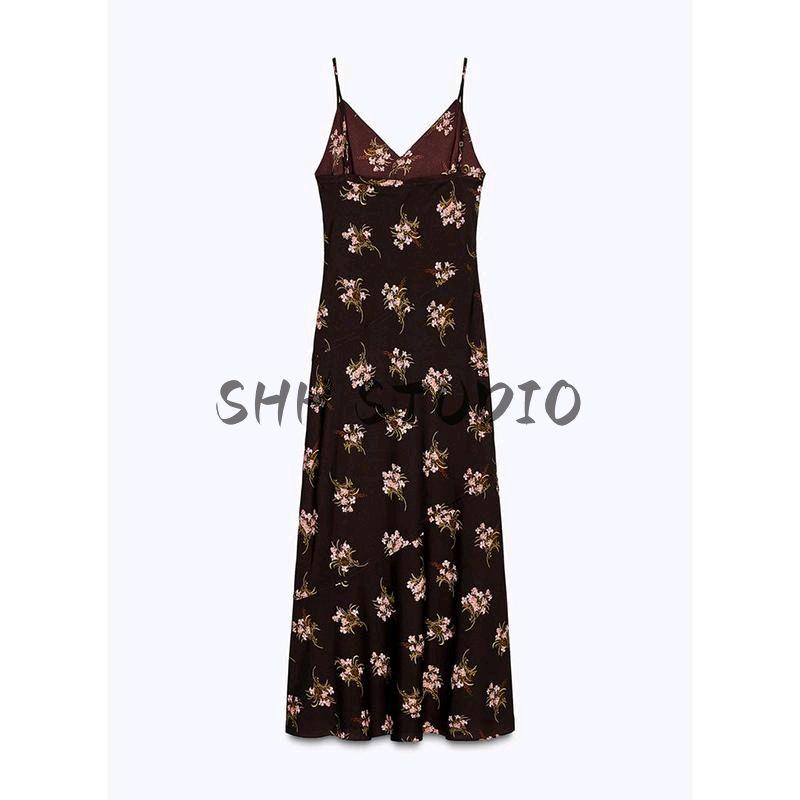 Spring New Women's Clothing Sexy Wind V Neck Sleeveless Printed Long Midi Skirt Sling Dress 2587053