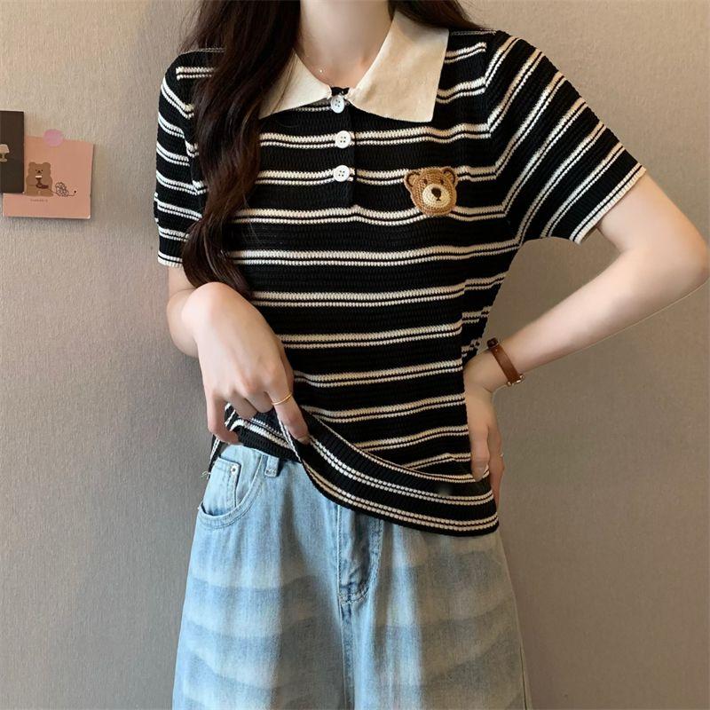 T-shirt Tricoté Rayé Brodé à Manches Courtes avec Ours en Peluche Design Minceur d'Été pour Femme Polo de Niche Haut d'Épaule
