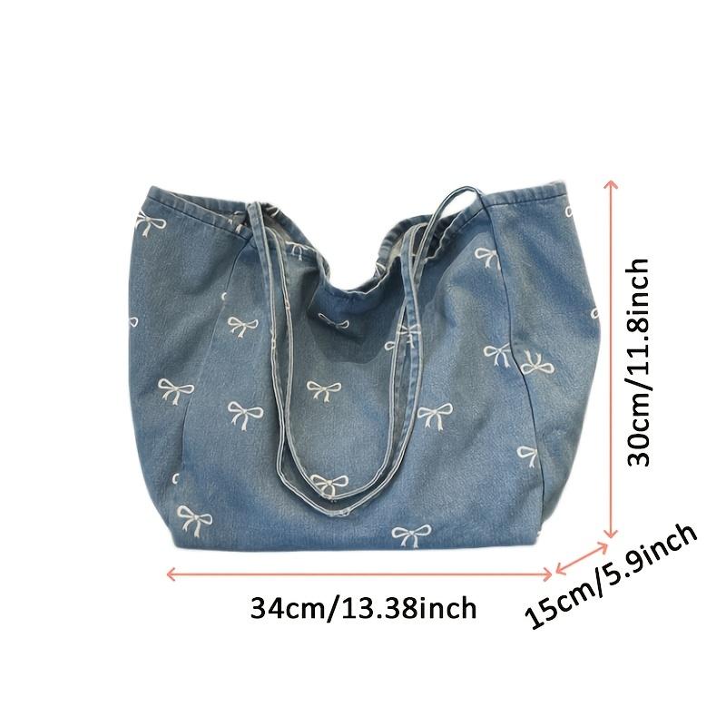 Stylish Blue Denim Bow Tote Bag – Versatile Shoulder Bag with White Stitched Bows, Perfect for Commuting, Travel, and Shopping, Hand Wash Only