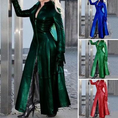 Women Faux Leather Long Jacket Lapel Collar Zipper Placket Cyberpunk Coat Tight Waist Split Hem Casual Loose Solid Color Jacket Fashion Autumn