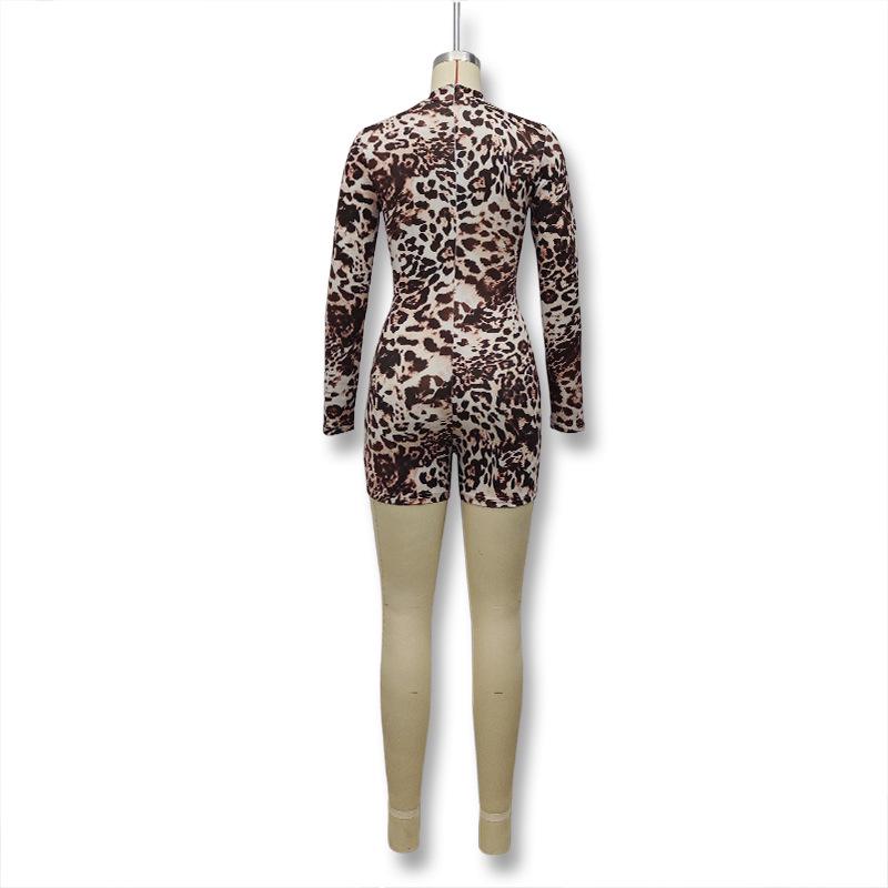 2024 Early Autumn Women's Leopard Print Crew Neck Long Sleeve Jumpsuit - Spicy Girl Style