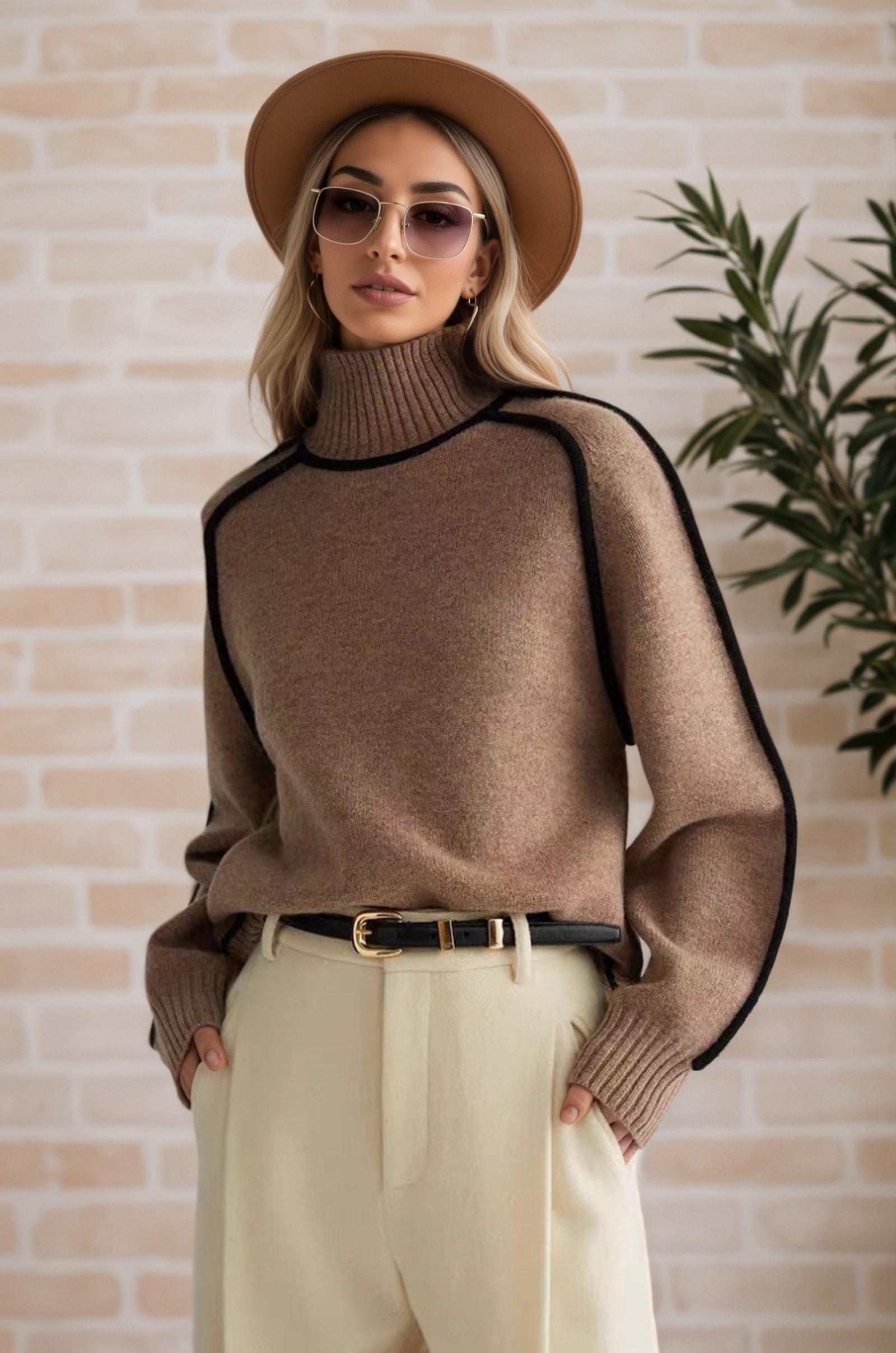 

Women s Fashionable Half-Turtleneck Sweater With Drop-Shoulder Sleeves: Elegant Silhouette Ribbed Knit Top L