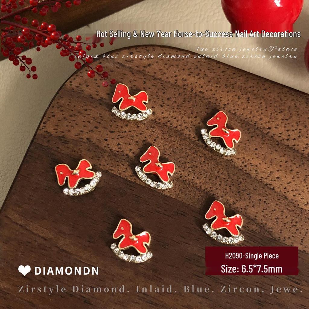 2026 New Year Little Horse Nail Art Decorations - Gold, Silver, and Red Rhinestone Press-on Nail Accessories