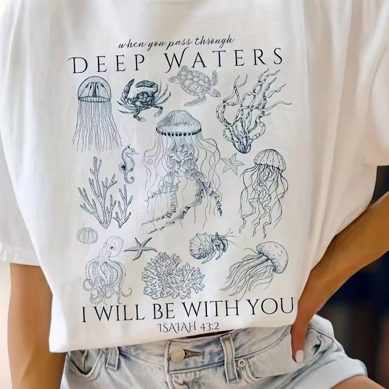 Coastal Marine Creatures T-shirt, Fashionable Beach Print Women's Summer New Style Suitable for Both Men and Women