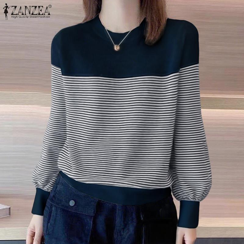 ZANZEA Women Casual Round Neck Long Sleeve Stripe Blouse