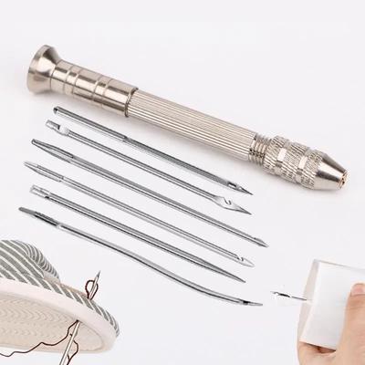 Kit de Costura de Cuero de 5 Piezas/set Mango con Punzón Aguja Reemplazable Set Herramientas DIY para Marroquinería Reparación de Zapatos Agujas para Perforar y Coser.