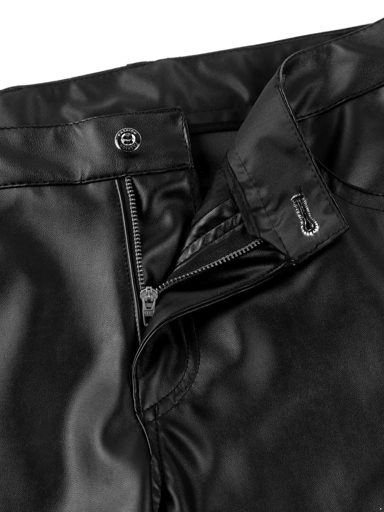 Mens PU Leather Biker Pants Gothic Stretch Fit Halloween Club Party Attire
