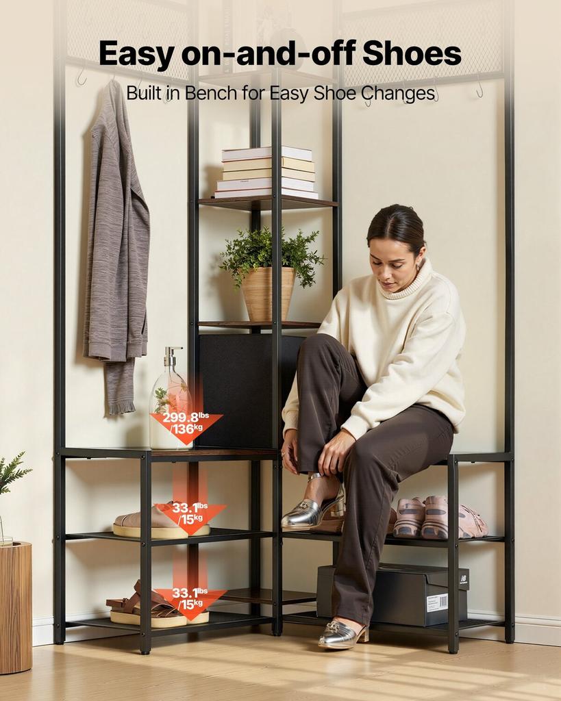 Corner Hall Tree with Shoe Bench, 1800 mm Coat Rack with Hooks and Steel Frame, Freestanding Clothes Shoes Rack Storage Organizer with Anti-Tip Set,