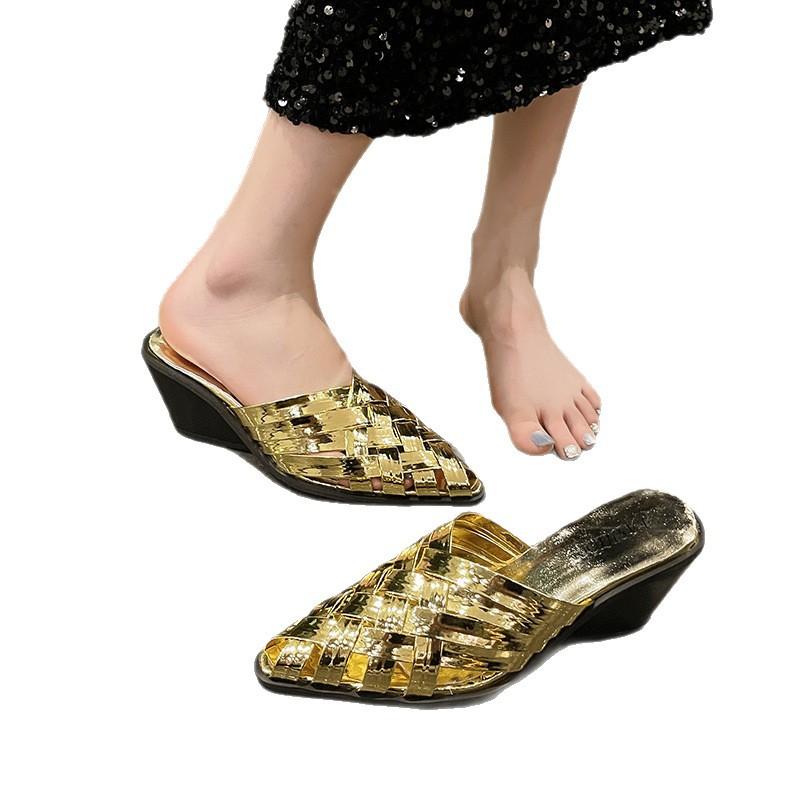 Fashion Women's Thick-soled Wedge-heeled Pointed-toe Woven Sandals, Large Size, Casual Beach Shoes