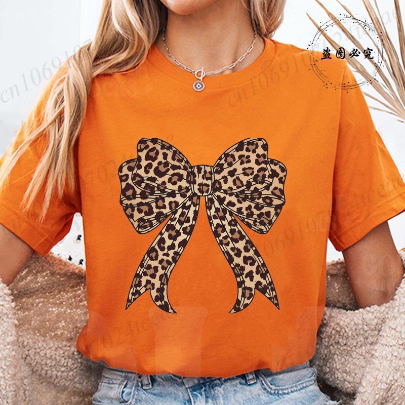 Coquette Bow Leopard Pattern Print TShirts Casual Summer Womens Short Sleeve TShirt Women Clothing Vintage Clothes Y2k Top